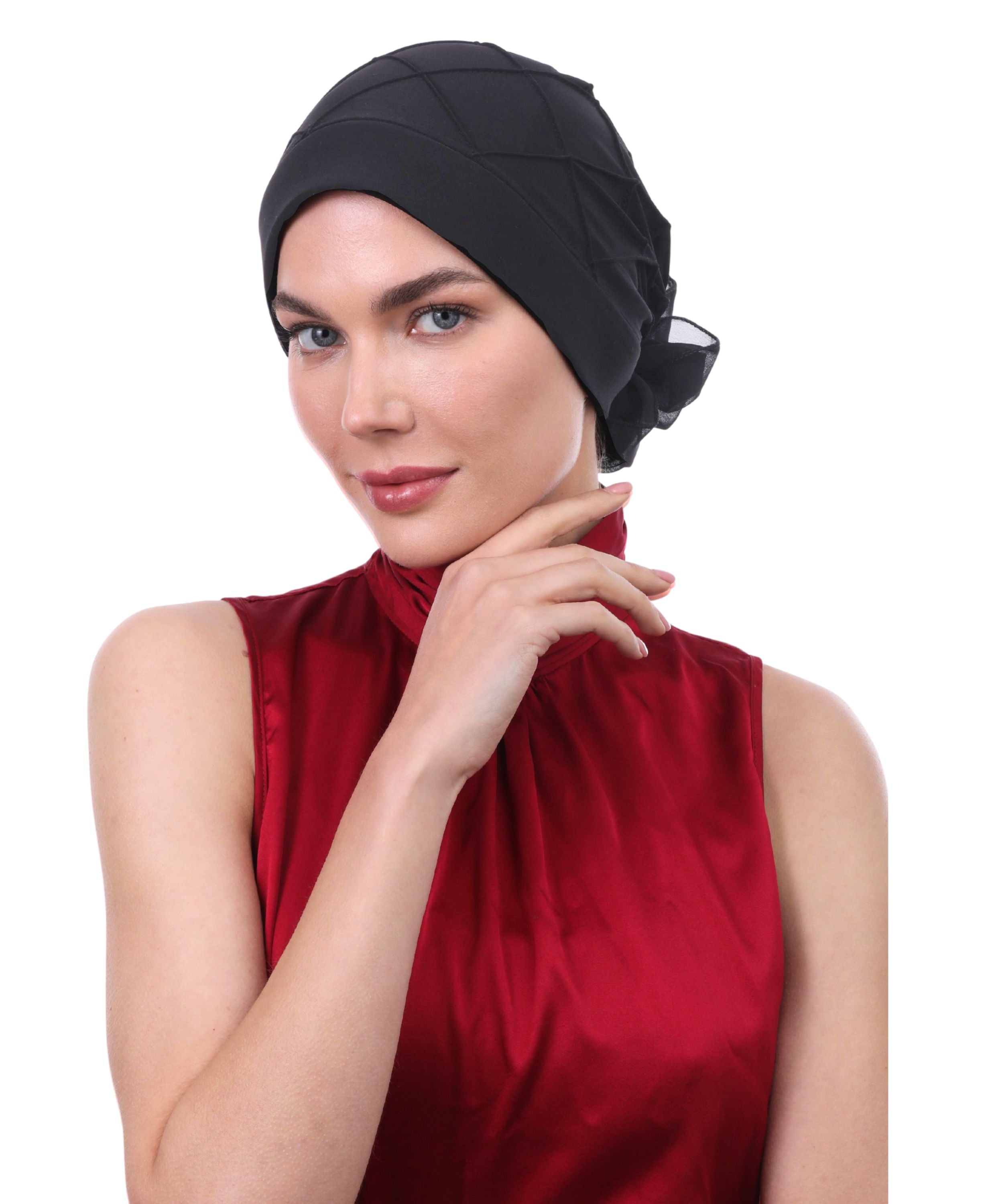 Diamond Patterned Hat with Georgette Flower
