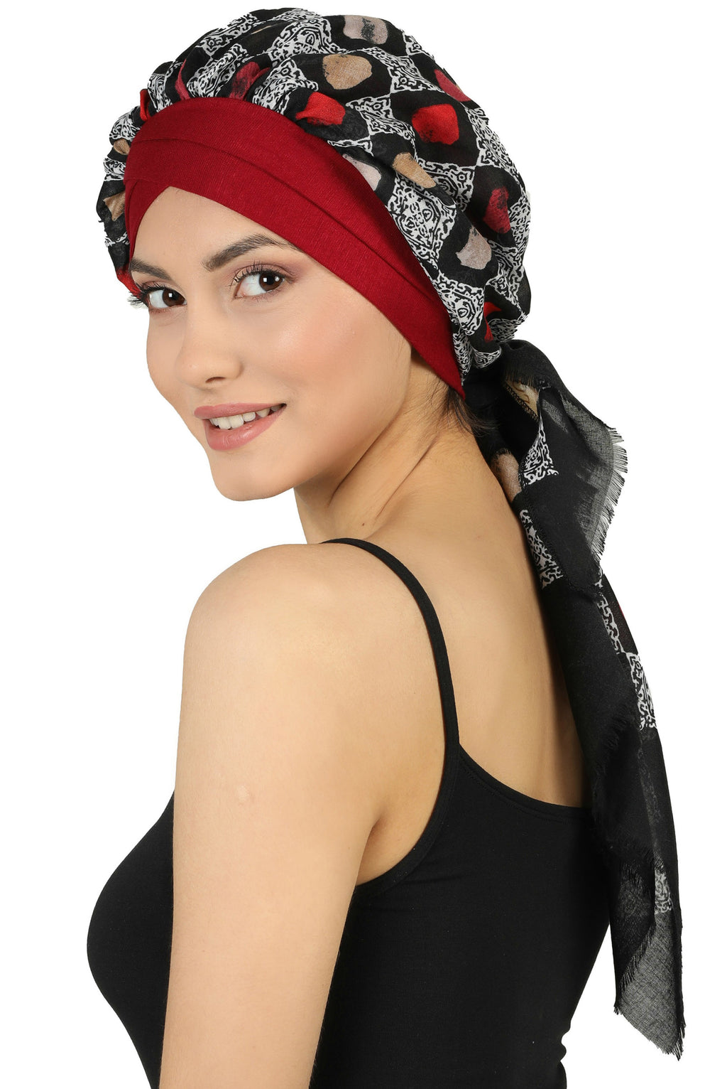 W Front Cap with Attached Scarf (Burgundy Front Black Squares-204)
