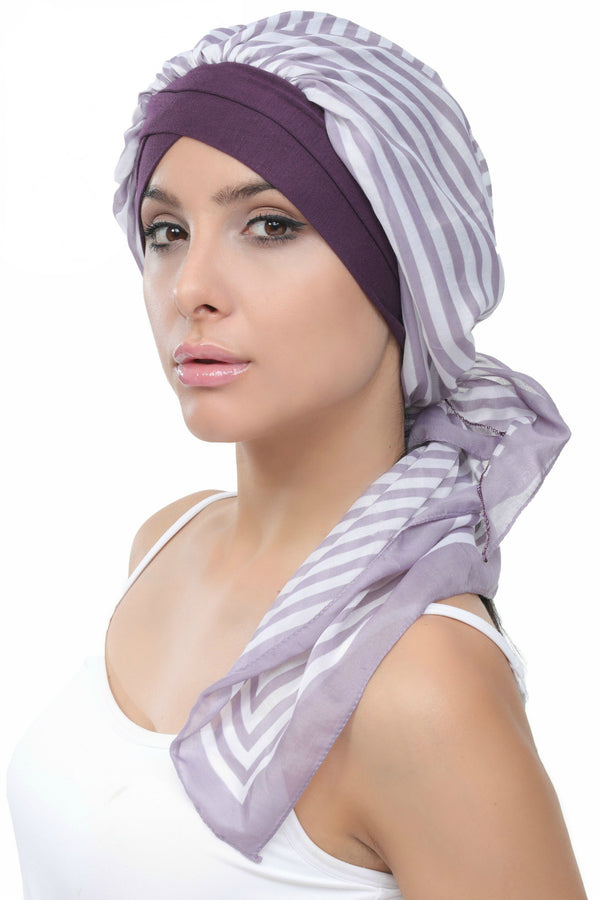Deresina W cap with attached chemo headscarf style40 mulberry printed