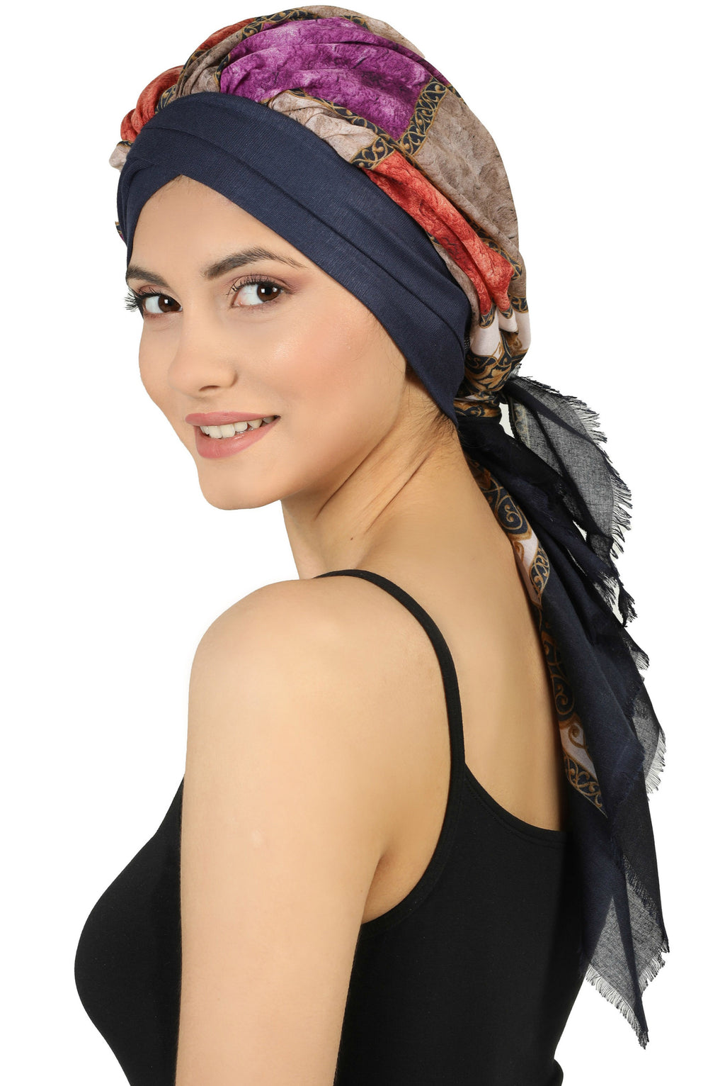W Front Cap with Attached Scarf (Denim Front Colourful)