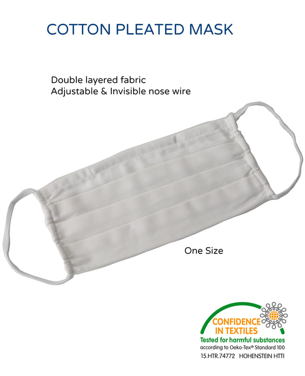 Waschbare, wiederverwendbare, 2-lagige, plissierte Gesichtsmaske aus Baumwolle mit unsichtbarem Nasenbügel, MEDIUM bis LARGE, Weiß 