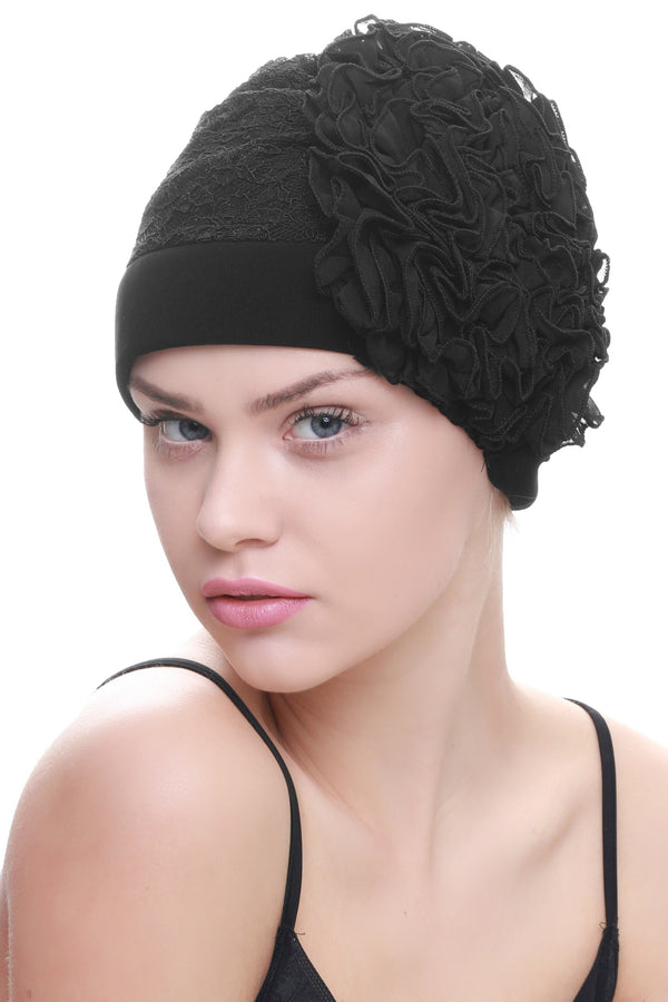 Deresina Lace hairloss headwear with ruffle flower black