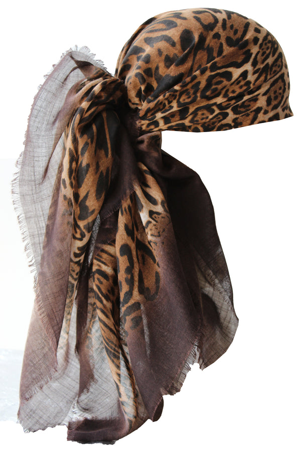 Special Fringed Trim Square Headscarf- Brown Leopard