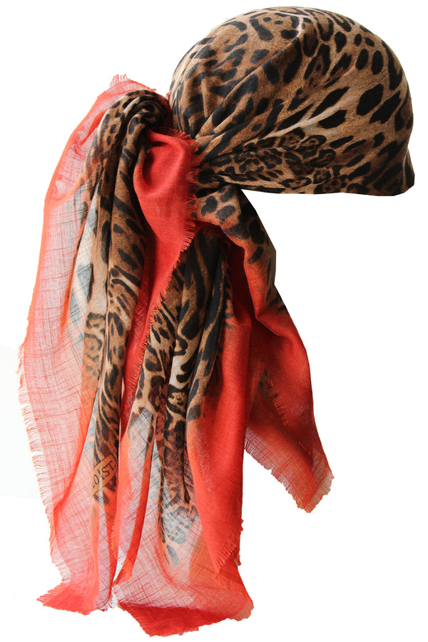 Special Fringed Trim Square Headscarf- Brown Leopard Orange Edges