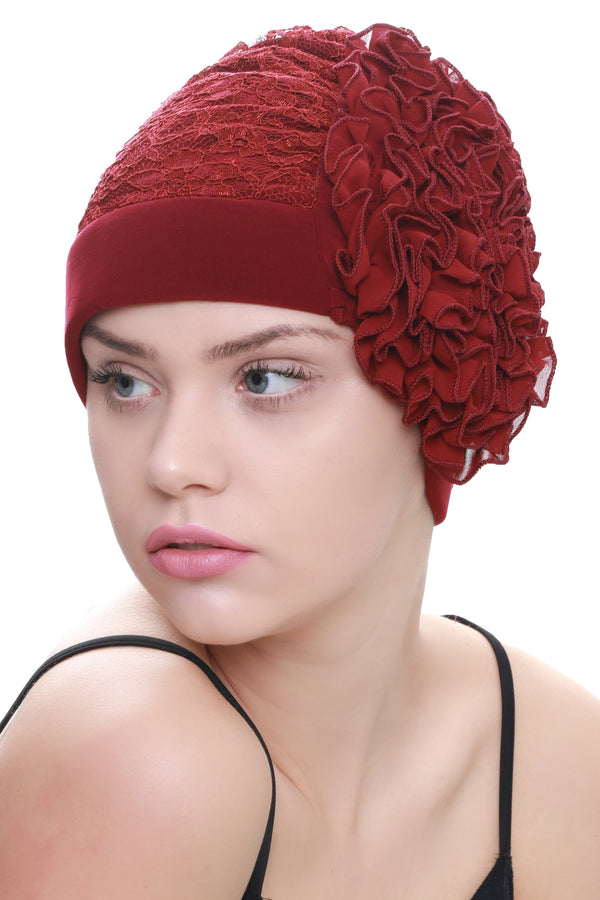 Deresina Lace hairloss headwear with ruffle flower burgundy