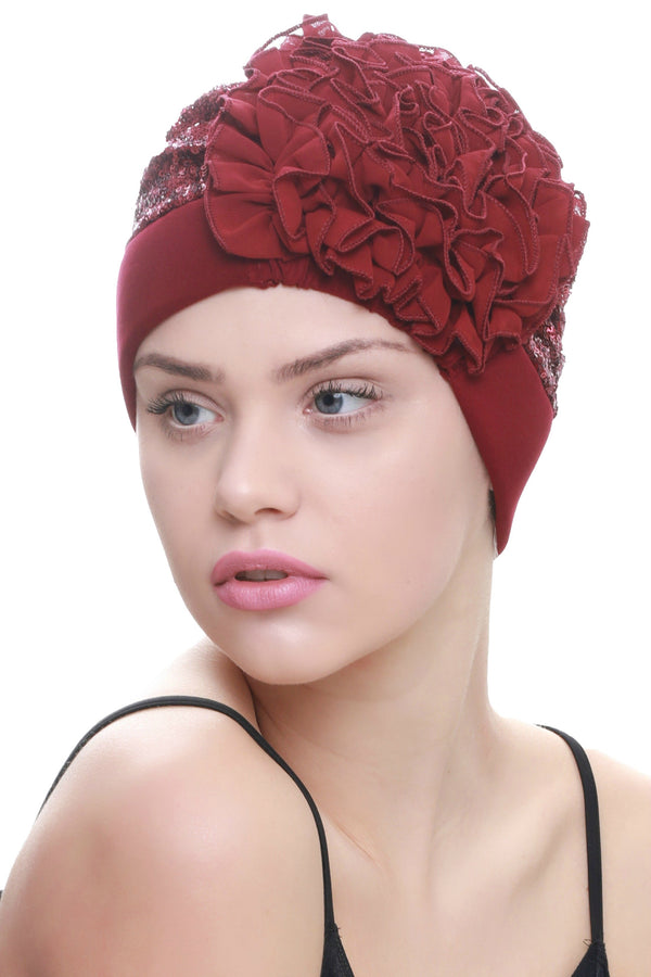 Deresina Lace hairloss headwear with ruffle flower sequin burgundy
