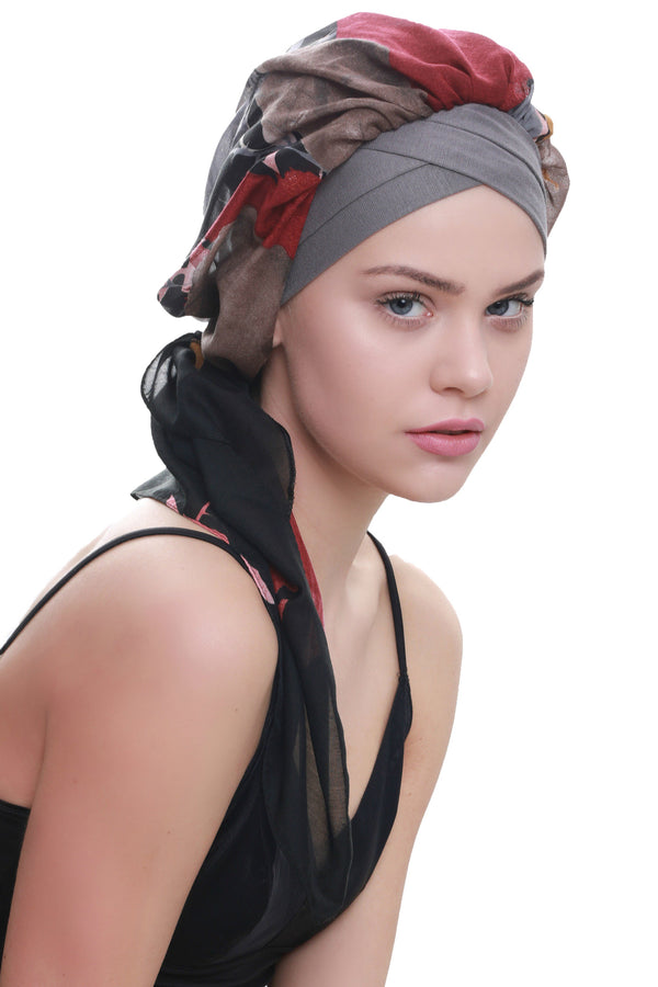 Deresina W cap with attached chemo headscarf grey black abstract design