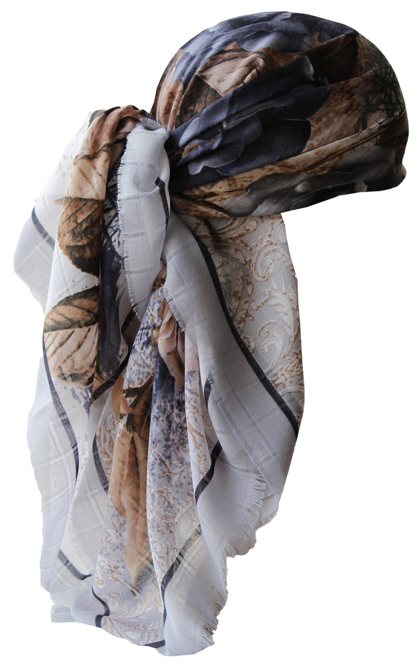 Special Fringed Trim Square Headscarf- Grey Roses