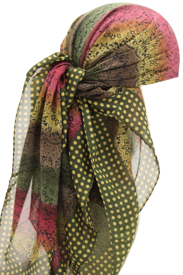 Deresina Everyday square chemo headscarf burgundy khaki lace design