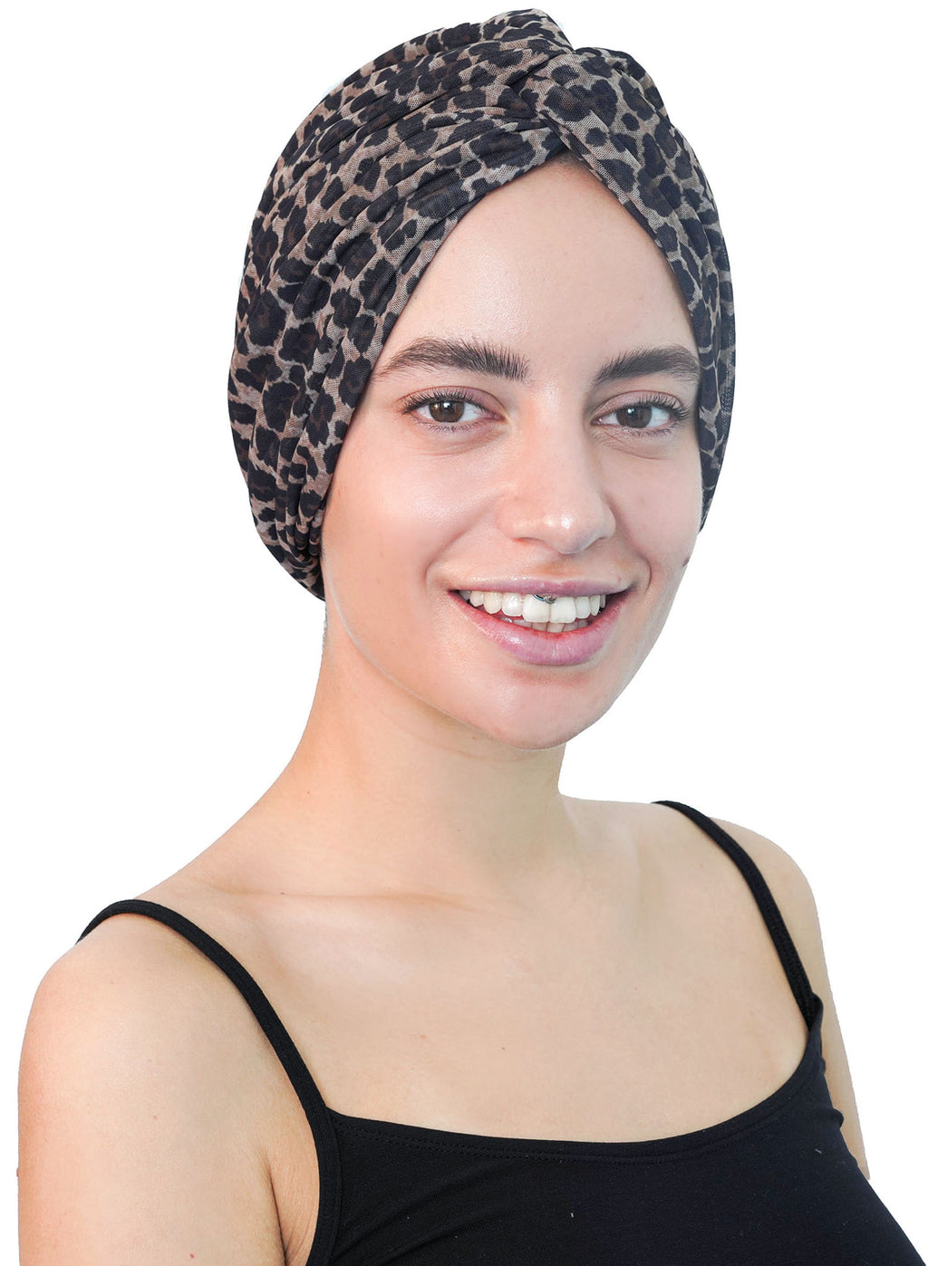 Lace Fabric Turban Animal Printed Twisted Front Summer Headwear New Design (Brown-Beige)
