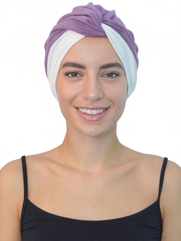 Twisted Front Turban - (Lavender - Off White)