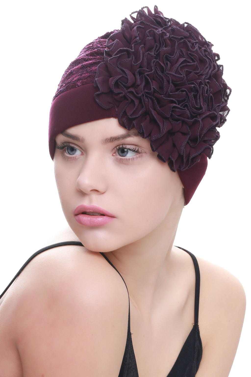 Deresina Lace hairloss headwear with ruffle flower purple