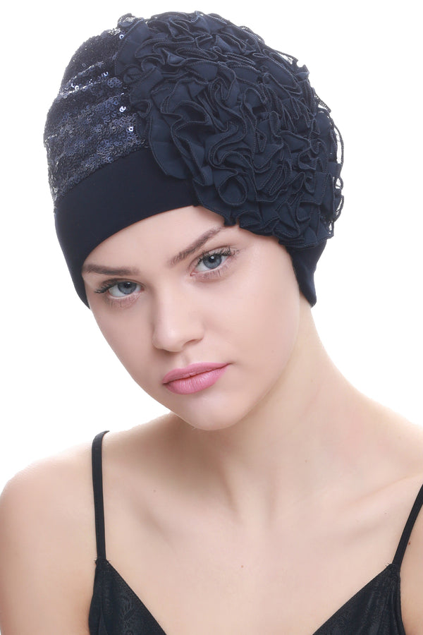 Deresina Lace hairloss headwear with ruffle flower sequin navy