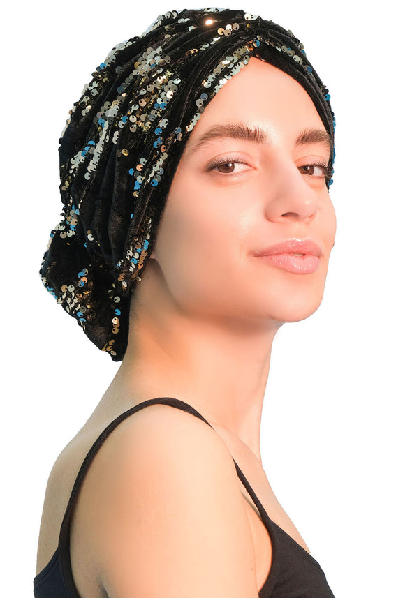 Zwei-Wege-Kopfbedeckung aus Samt mit Pailletten, neues Design (schwarz)