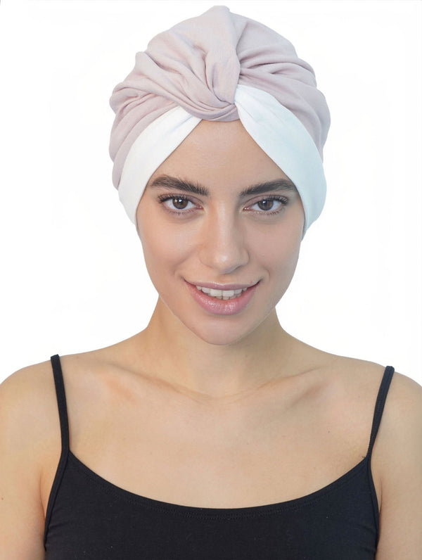Twisted Front Turban -( Powder Pink - Off White)