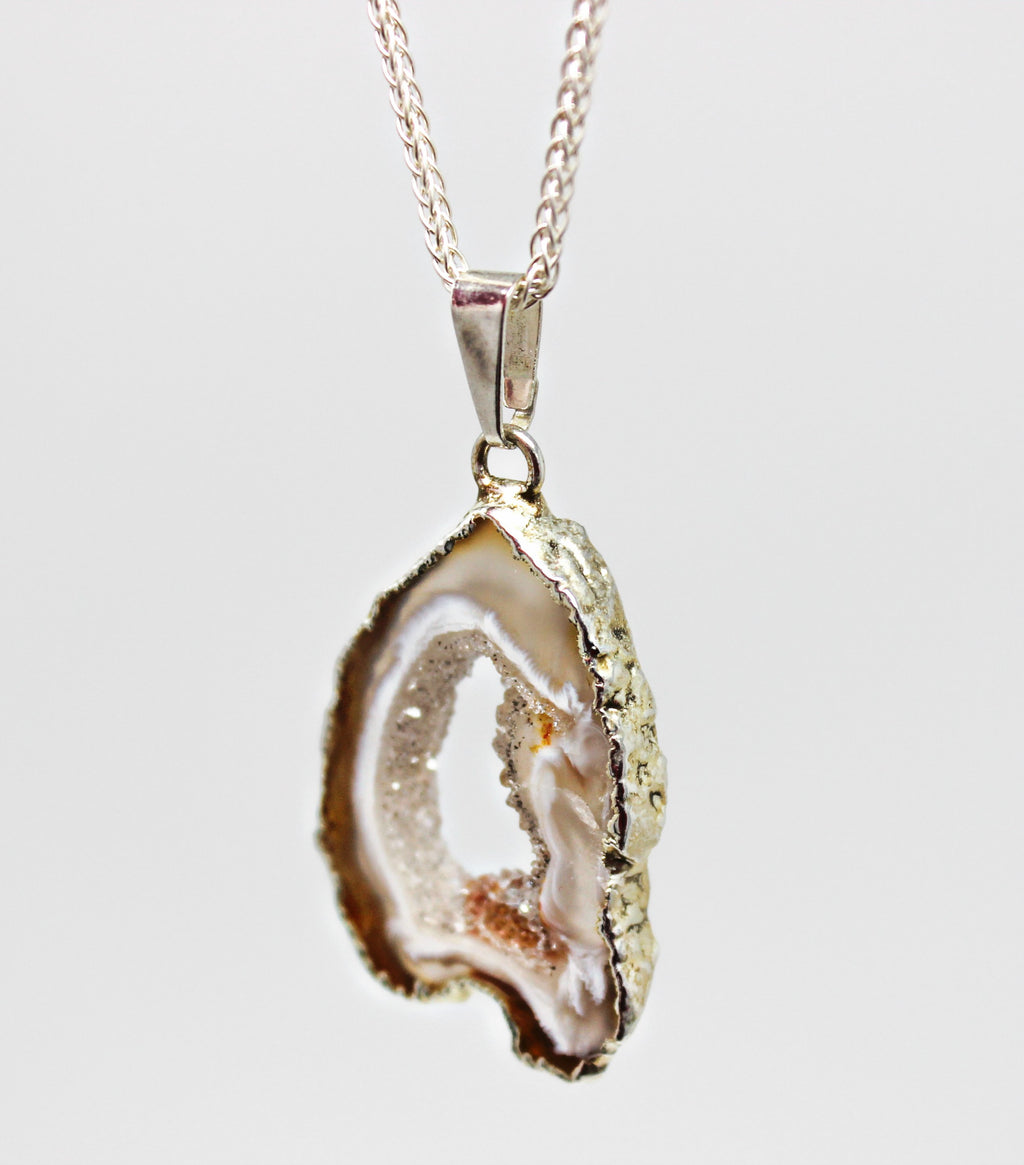 Natural Agate Slice Pendant with Silver Plated Brass Findings, Platinium