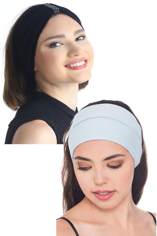 Plain & Jewelled Headband Set of Two-Black/Sky
