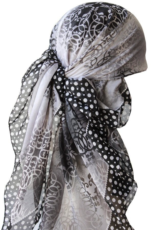 Everyday Square Head Scarf - Black Grey Dotted End