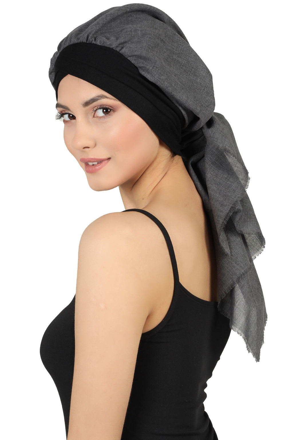 W Front Cap with Attached Scarf (Black Plain)