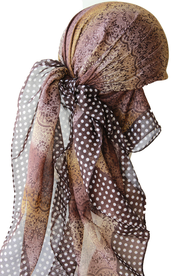 Everyday Square Head Scarf - Coffee Ochre Lace Patterned