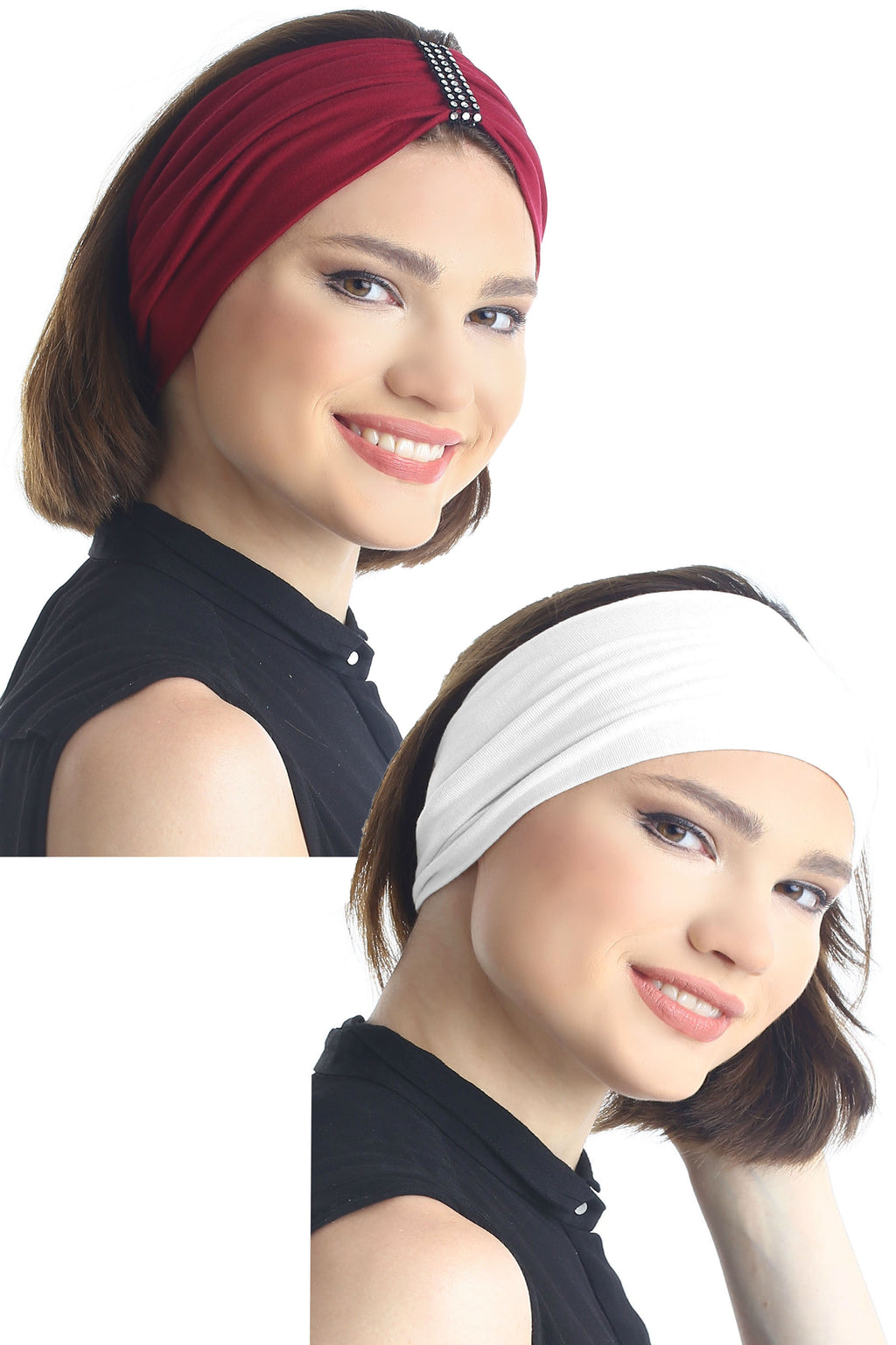 Plain & Jeweled Headband Set of Two Burgundy/Cream