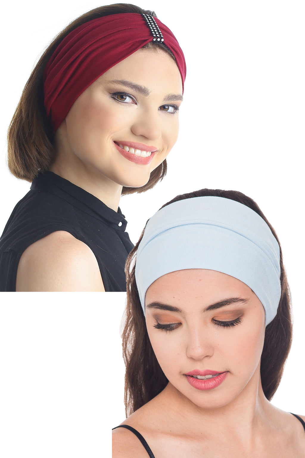 Plain & Jewelled Headband Set of Two Burgundy/Sky