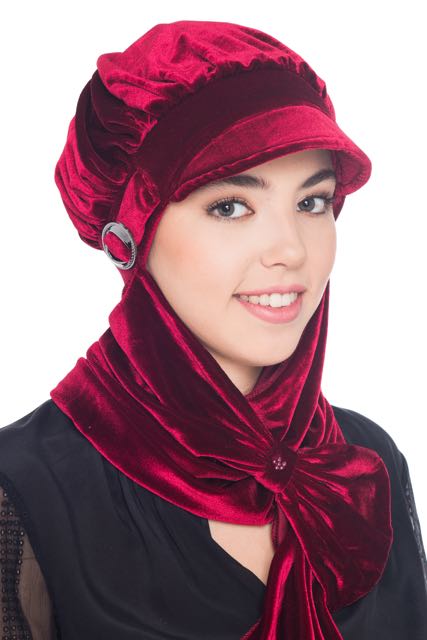 Velour Hat with Attached Scarf - Burgundy
