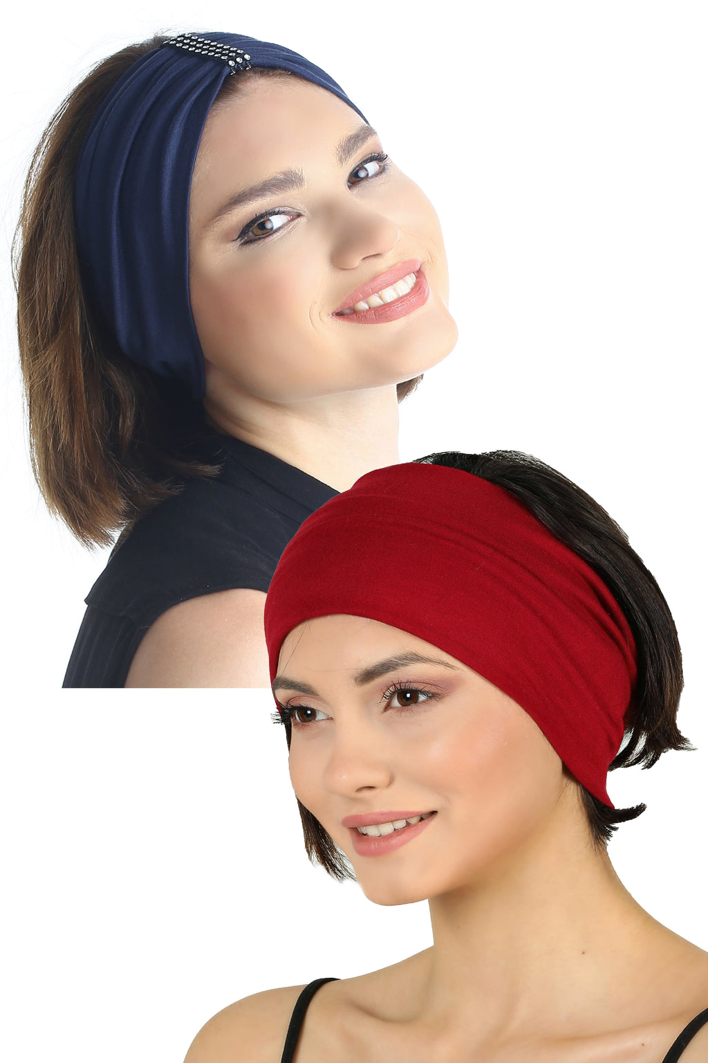 Plain & Jeweled Headband Set of Two-Denim/Burgundy