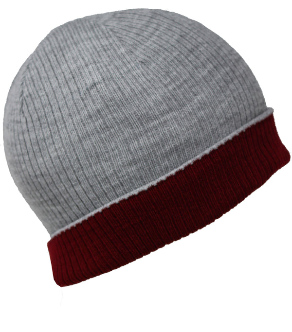 Men Knit Hat - Grey Maroon Reversible Beanie
