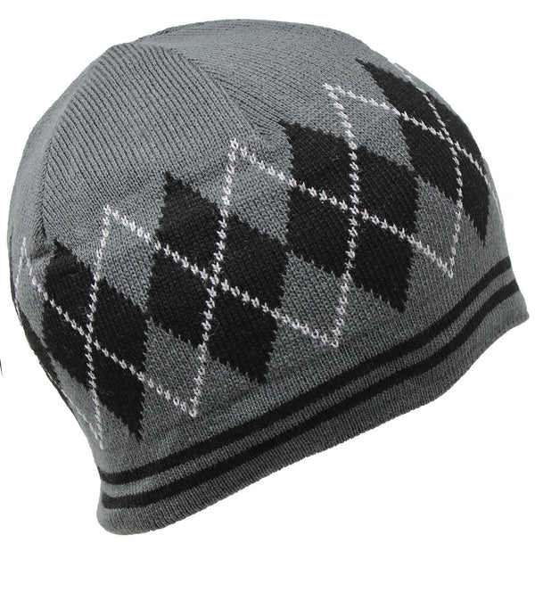Men Knit Hat - Grey Jacquard Patterned Half Fleeced Beanie