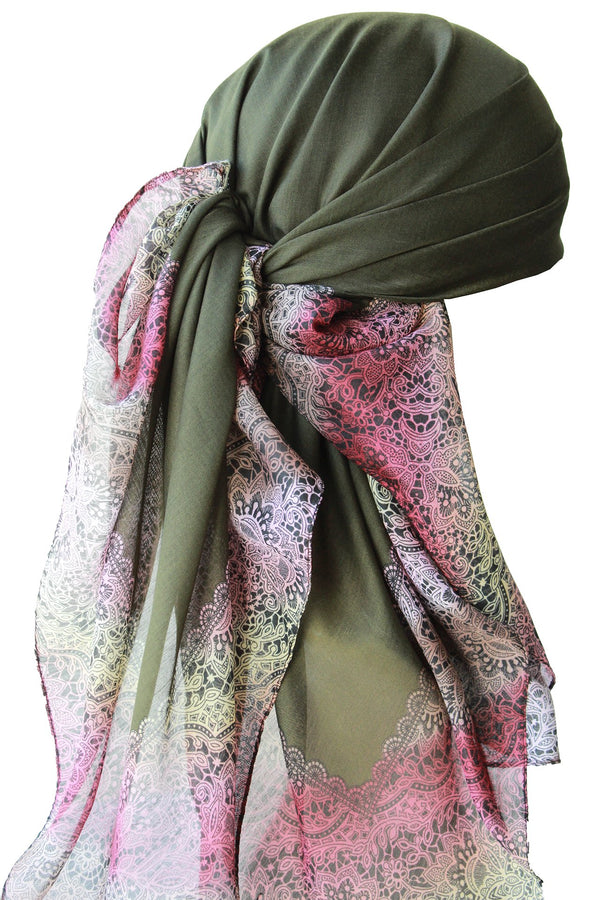 Deresina Everyday square chemo headscarf khaki end lace pattern