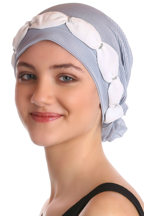 Deresina Shirred  beaded chemo headwear light grey cream