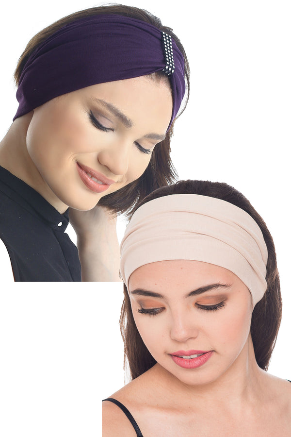 Plain &amp; Jeweled Headband Set of Two - Maulbeere/Beige