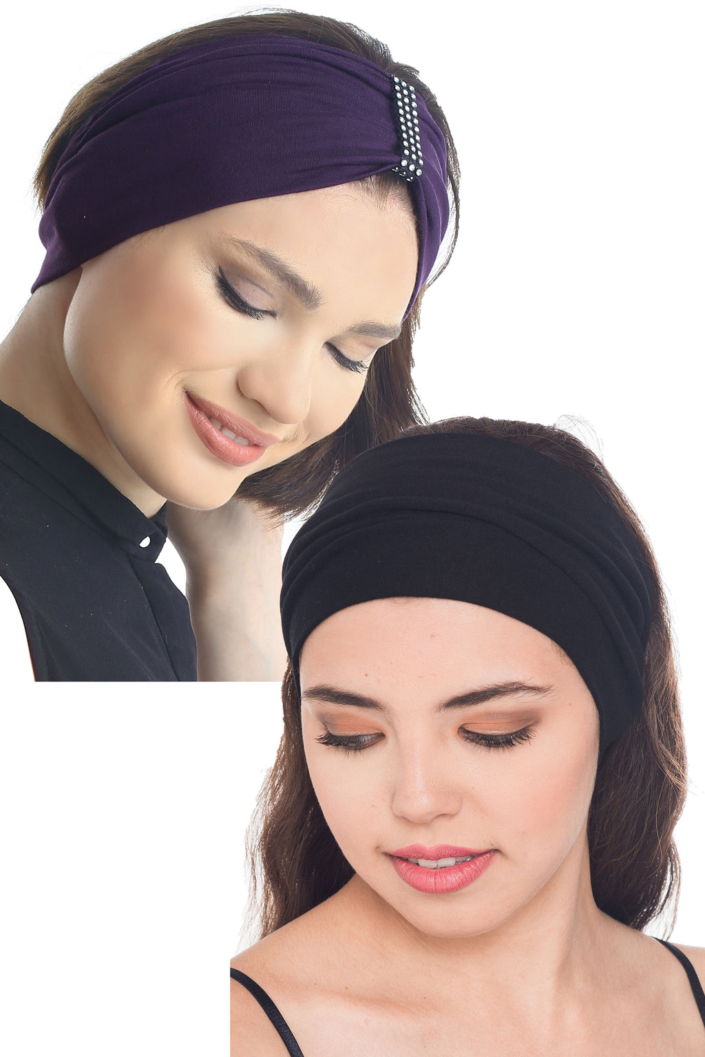 Plain & Jeweled Headband Set of Two-Mulberry/Black