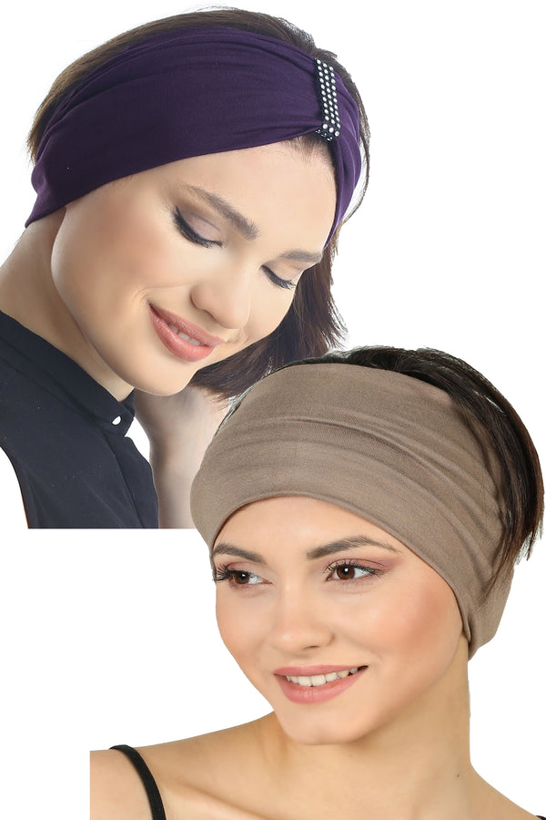 Einfarbiges und mit Juwelen besetztes Stirnband-Set aus zwei Teilen – Maulbeere/Nerz
