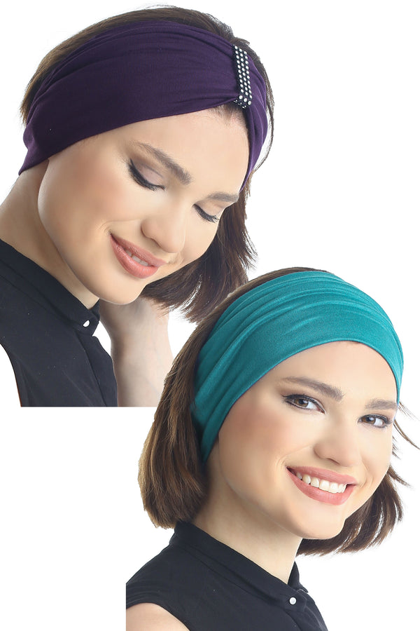 Plain & Jewelled Headband Set of Two - Mulberry/Teal
