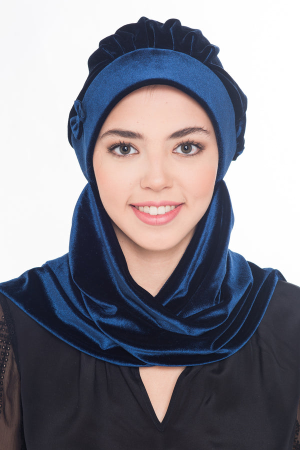 Velour Hat with Attached Scarf & Bow - Navy