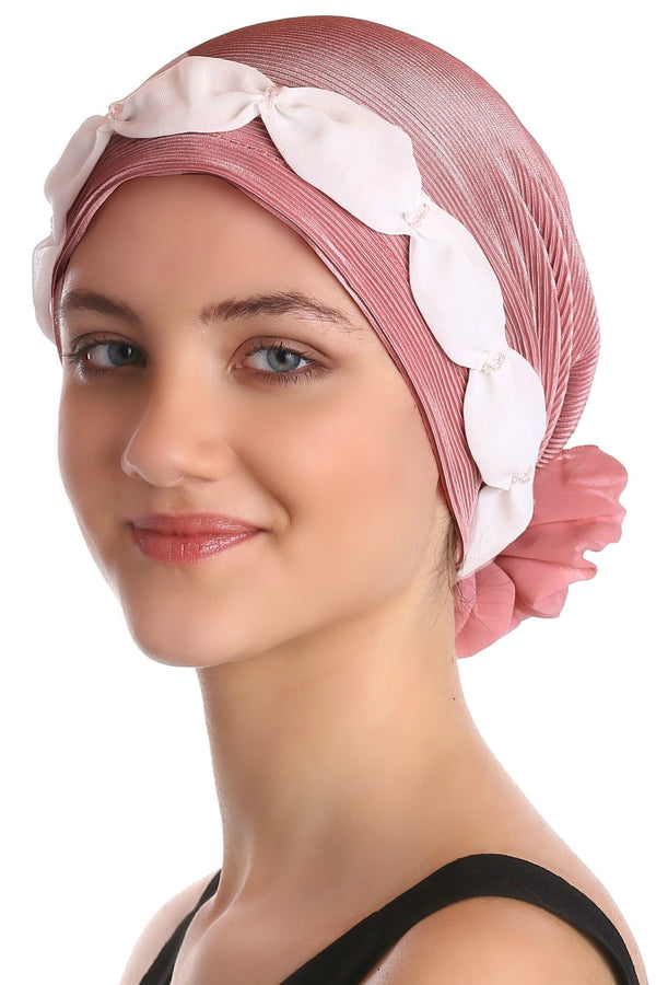 Deresina Shirred  beaded chemo headwear burgundy cream